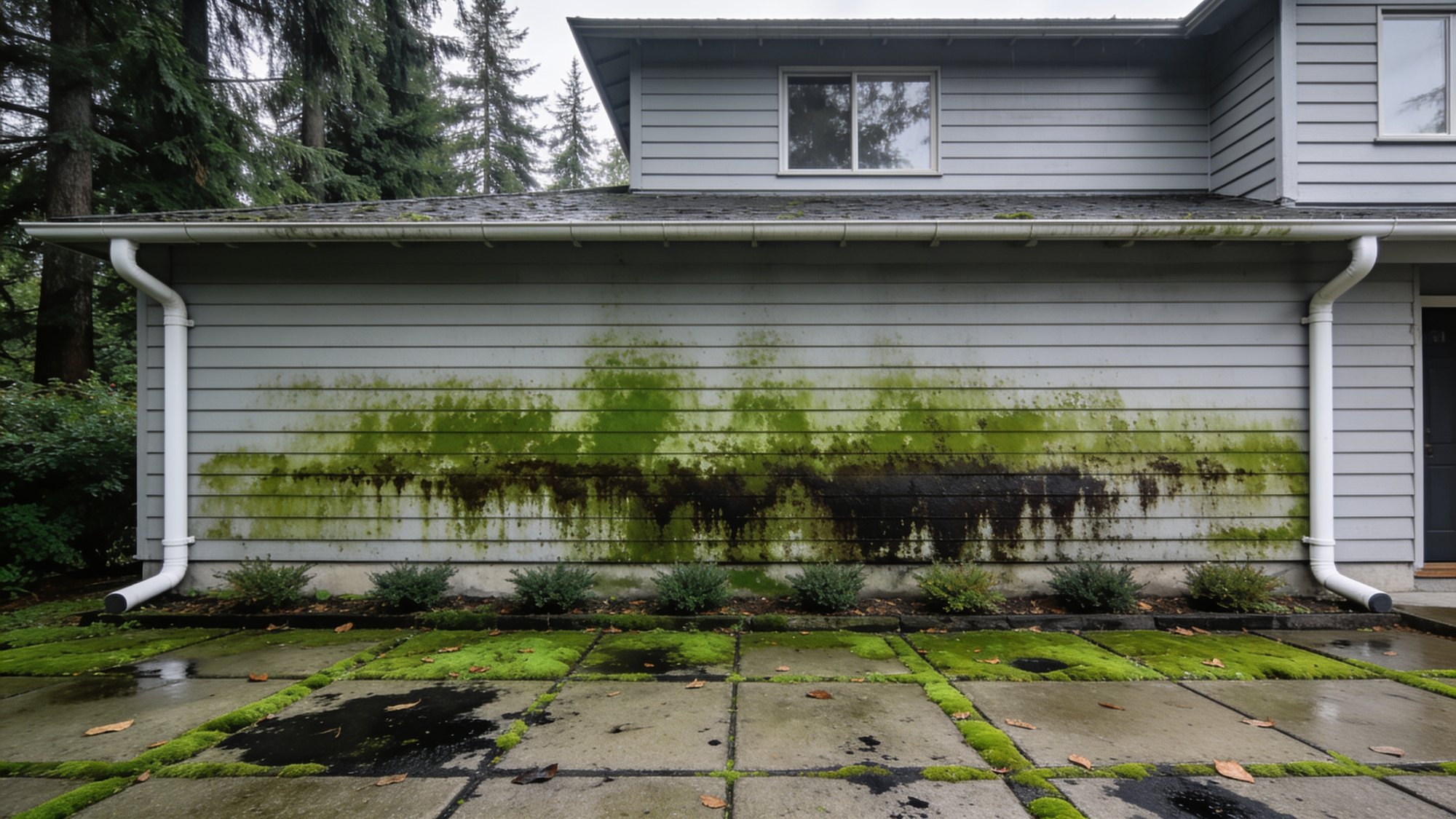 Pale grey vinyl siding covered in green algae with moss and dark staining across the paver driveway below it